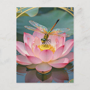 Elegant Dragonfly Pink Lotus Art Nouveau Frame Postcard
