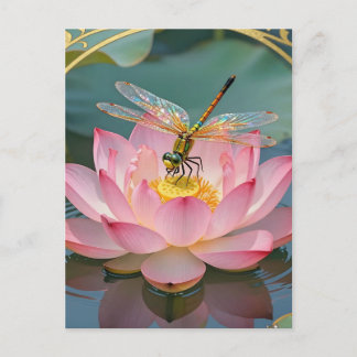 Elegant Dragonfly Pink Lotus Art Nouveau Frame Postcard