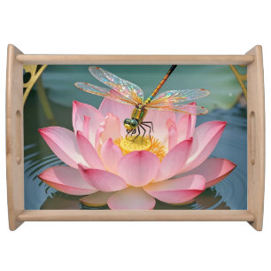 Elegant Dragonfly Pink Lotus Art Nouveau Frame Serving Tray