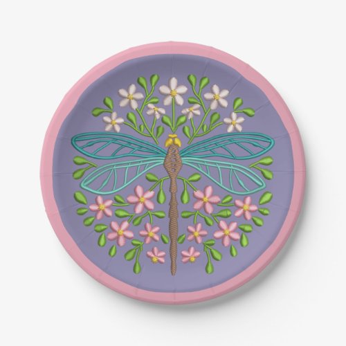 Elegant Dragonfly Pink Purple Floral Design Party Paper Plates