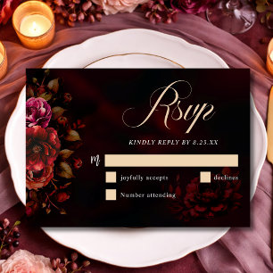Elegant Dramatic Red Black Moody Floral Wedding RS RSVP Card