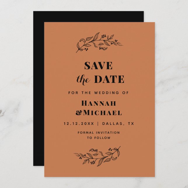 Elegant Drawn Botanical Terracotta Black Fall Dark Save The Date (Front/Back)