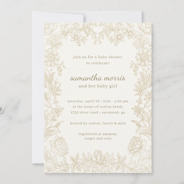 Elegant Drawn Floral Ivory Baby Shower Invitation (Front)