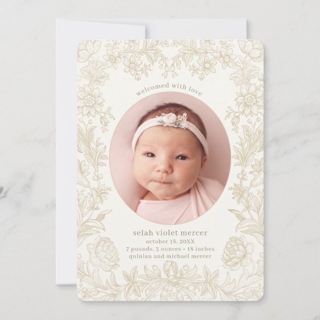 Elegant Drawn Floral Ivory Birth Announcement (Front)