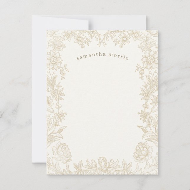 Elegant Drawn Floral Ivory Note Card (Front)