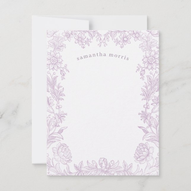 Elegant Drawn Floral Lavender Note Card (Front)