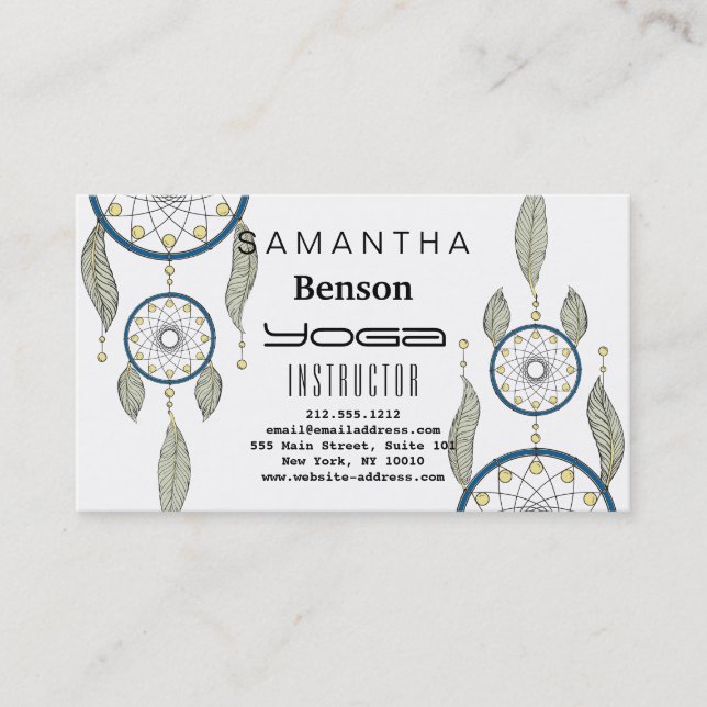 Elegant  Dream Catcher Feathers Yoga Instructor Business Card (Front)