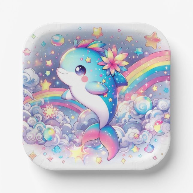 Elegant Dreamy Dolphin Baby Shower Paper Plates (Front)