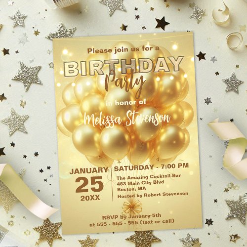 Elegant Dreamy Lights Gold Balloons Birthday Party Invitation