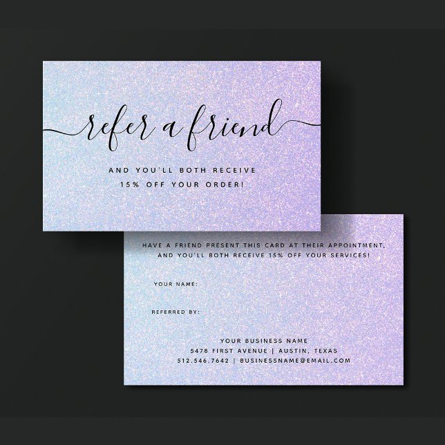 Elegant Dreamy Pastel | Glam Blue and Pink Referral Card (An elegant, glam glitter look pink and blue referral card)