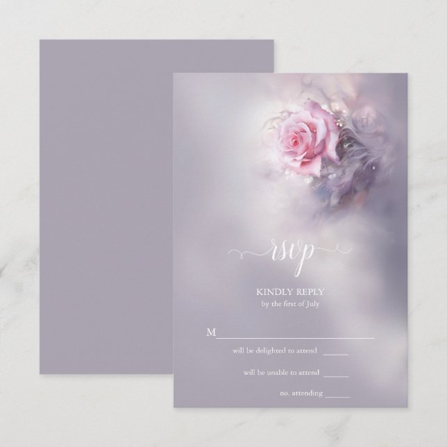 Elegant Dreamy Pink Rose on Dusty Lilac RSVP Card (Front/Back)