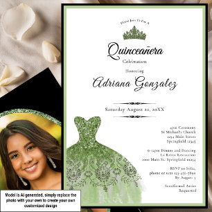 Elegant dress 15th birthday sage green Quinceanera Invitation