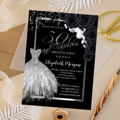 Elegant  DressConfetti Black Roses 50th Birthday  Invitation