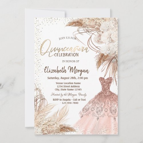 Elegant DressConfetti Boho Flowers Quinceaera  Invitation