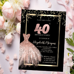 Elegant Dress,Confetti Rose Gold 40th Birthday Invitation