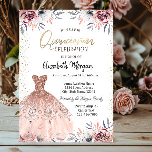 Elegant Dress,Confetti Roses Quinceañera Invitation