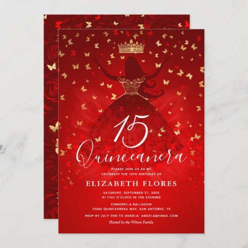 Elegant Dress Crown Red and Gold Quinceanera Invitation
