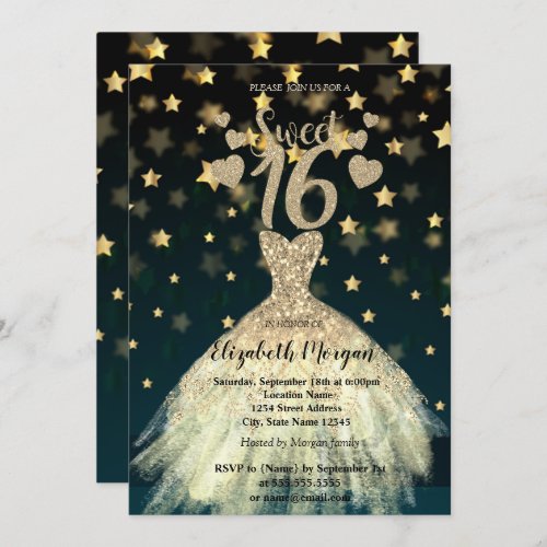 Elegant Dress Gold Stars Glitter Sweet 16 Party Invitation