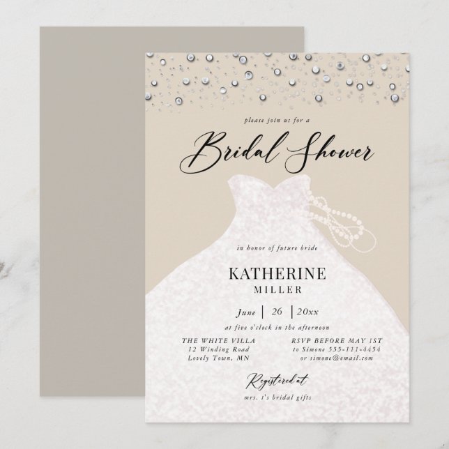 Elegant Dress in Pearls Classy Ecru Bridal Shower Invitation (Front/Back)