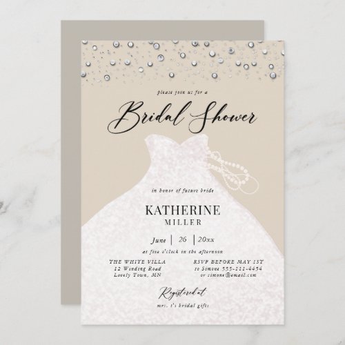 Elegant Dress in Pearls Classy Ecru Bridal Shower Invitation