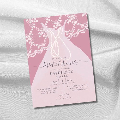Elegant Dress Lace Pearls Pink Blush Bridal Shower Invitation