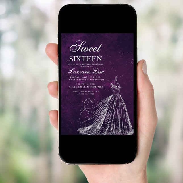 Elegant Dress Purple Sweet Sixteen 16 Birthday Invitation (Front Digital)