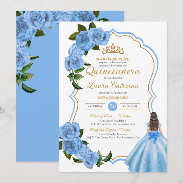 Elegant Dress Quinceanera Light Blue Roses Invitation (Front/Back)