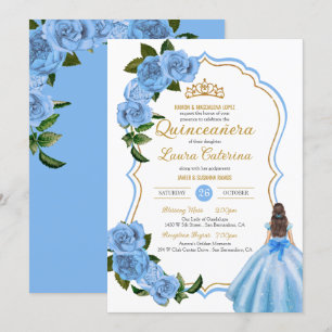 Elegant Dress Quinceanera Light Blue Roses Invitation
