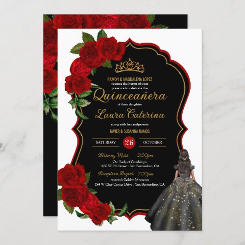 Elegant Dress Quinceanera Red Roses Black and Gold Invitation
