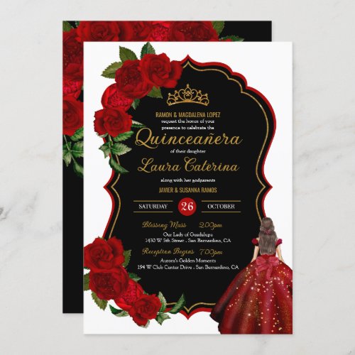 Elegant Dress Quinceanera Red Roses Black and Gold Invitation