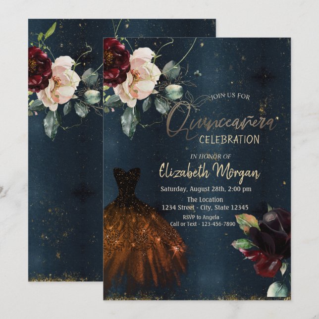 Elegant Dress,Roses Dark Blue Quinceañera   Invitation (Front/Back)