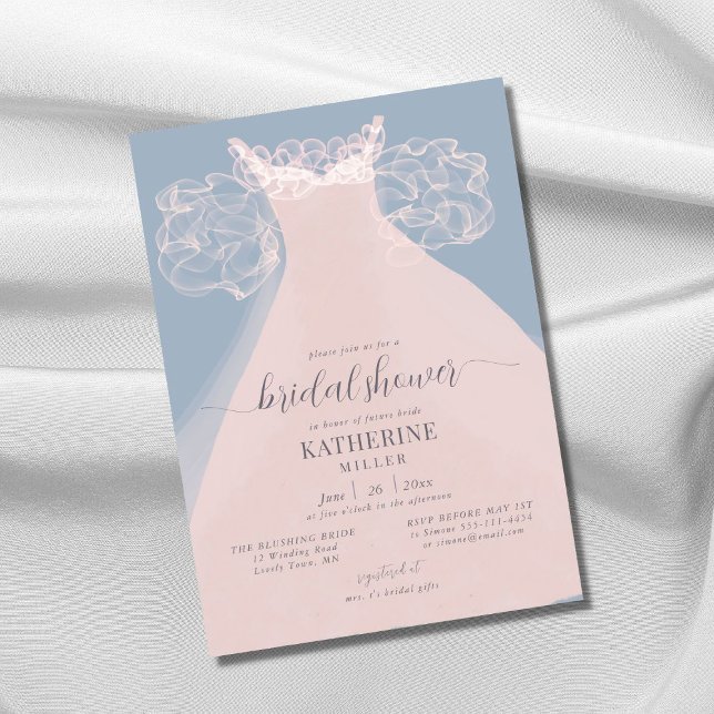 Elegant Dress Ruffles Pink Blue Chic Bridal Shower Invitation (Creator Uploaded)