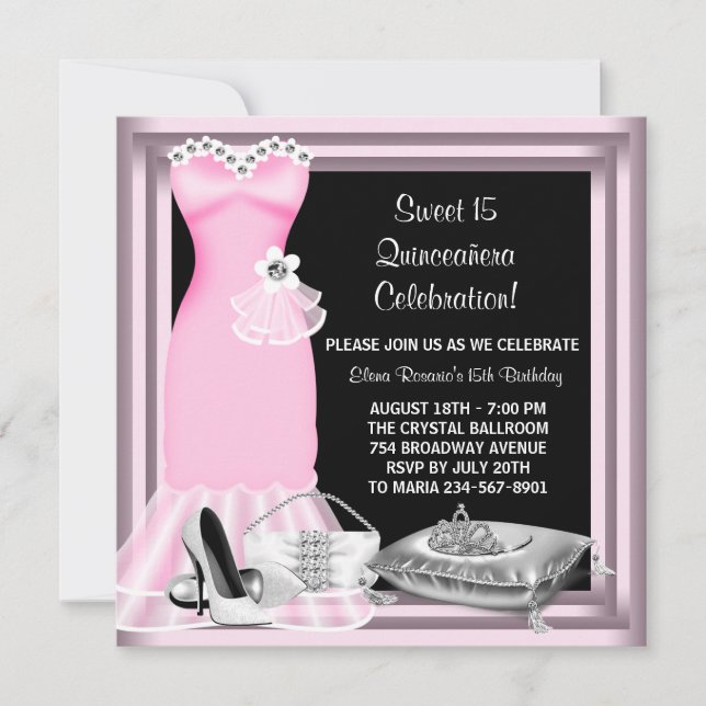 Elegant Dress Tiara Pink Quinceanera Invitation (Front)