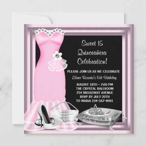 Elegant Dress Tiara Pink Quinceanera Invitation