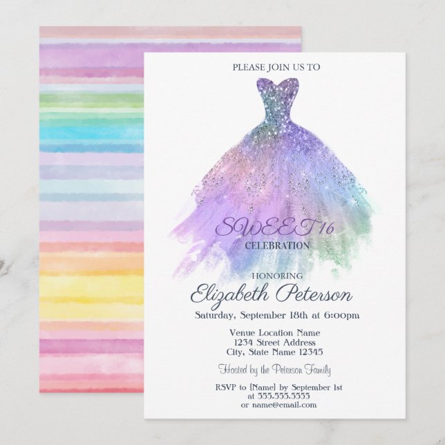 Elegant Dress Watercolor Colorful Striped Sweet 16 Invitation (Front/Back)