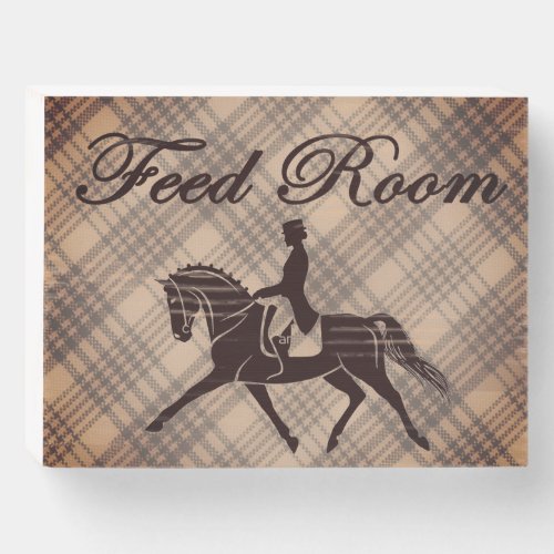 Elegant dressage horse and rider feed room sign