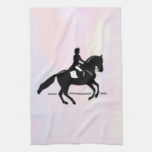 Elegant Dressage Rider on a Watercolor Background Kitchen Towel