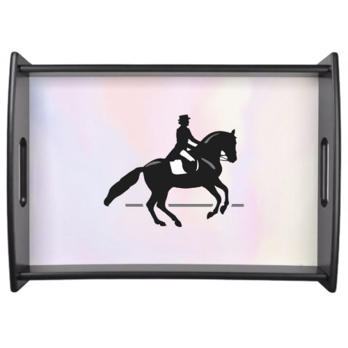 Elegant Dressage Rider on a Watercolor Background Serving Tray