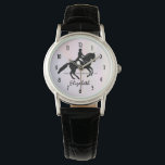 Elegant Dressage Rider on a Watercolor Background Watch<br><div class="desc">A personalized watch with a black and white illustration of a dressage rider. The horse and rider are performing a pirouette. Classy and beautiful. Set on a watercolor background in delicate and muted pastel colors.</div>