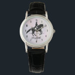Elegant Dressage Rider on a Watercolor Background Watch<br><div class="desc">A personalized watch with a black and white illustration of a dressage rider. The horse and rider are performing a pirouette. Classy and beautiful. Set on a watercolor background in delicate and muted pastel colors.</div>