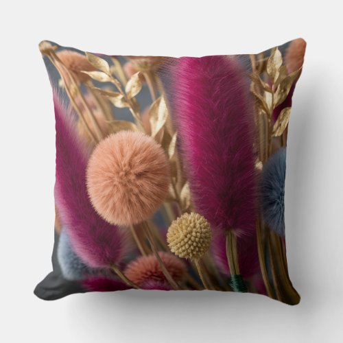 Elegant Dried Bunny Tail & Pom-Pom Floral Botanica Throw Pillow