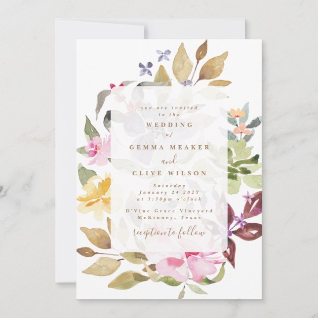 Elegant Dried Floral Watercolor Wedding Invitation (Front)