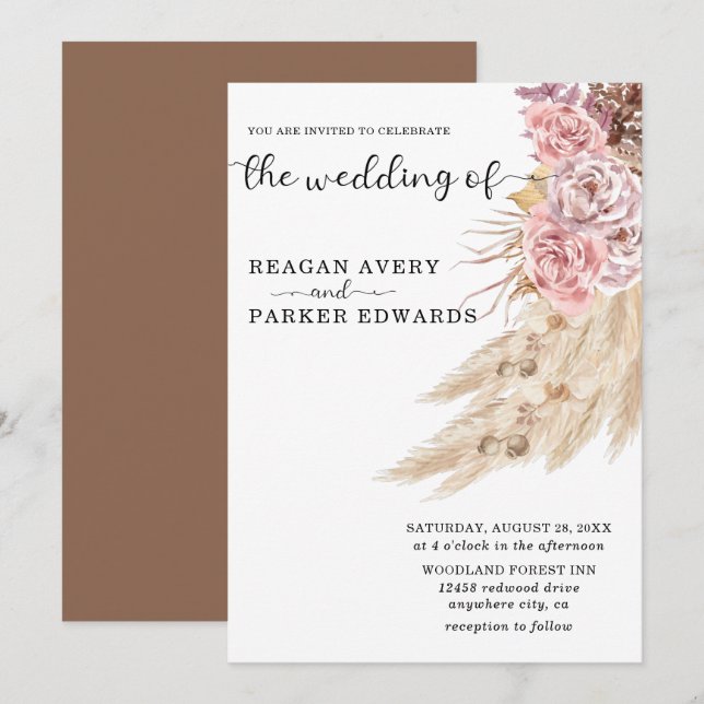 Elegant Dried Pampas Grass Floral Wedding Invitation (Front/Back)