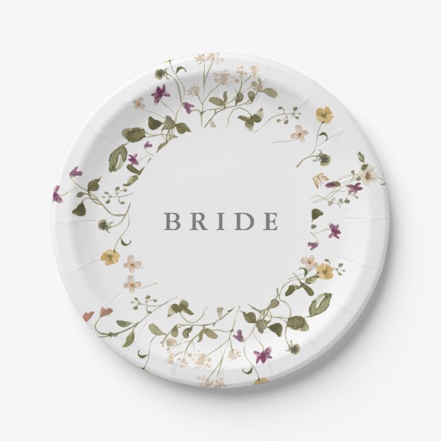 Elegant Dried Wildflower Pampas Floral Wedding Paper Plates (Front)