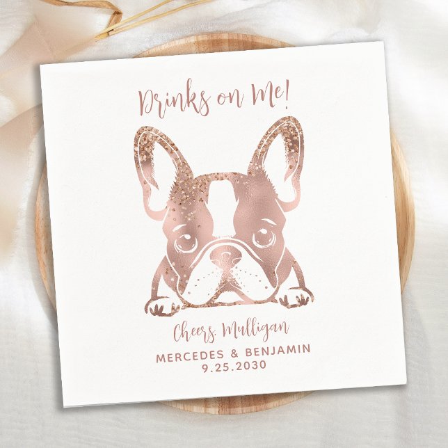 Elegant Drinks On Me French Bulldog Rose Wedding Napkins (Creator Uploaded)