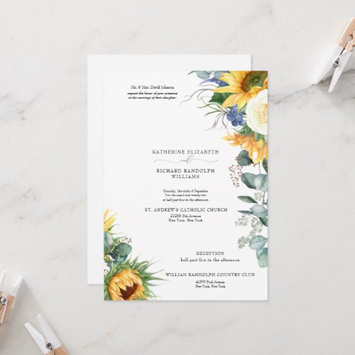 Elegant Dripping Sunflowers Floral Wedding 2 Venue Invitation