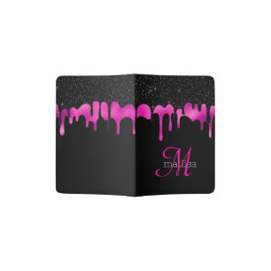 Elegant Drips Glitter Monogram Black Pink Passport Holder