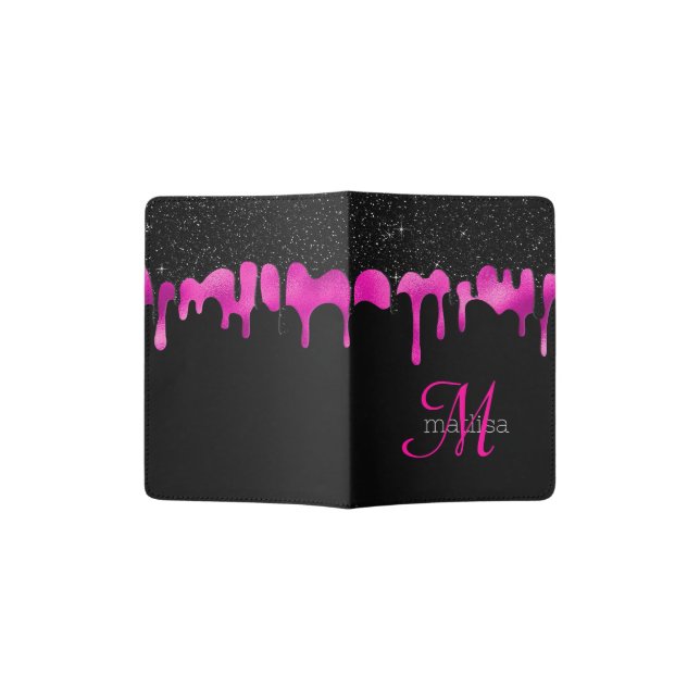 Elegant Drips Glitter Monogram Black Pink  Passport Holder (Opened)