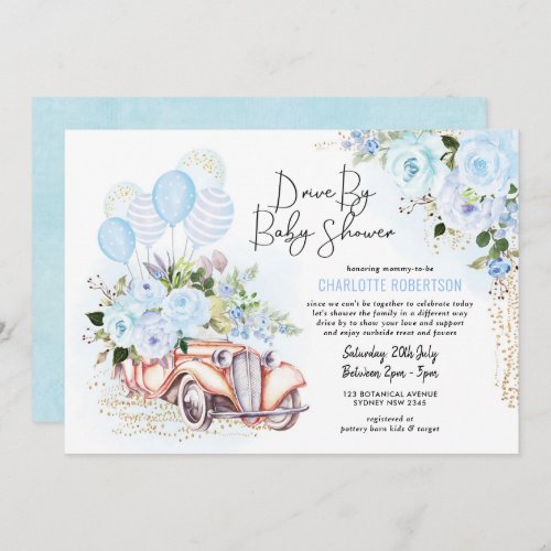 Elegant Drive By Baby Shower Blue Gold Floral Boy Invitation