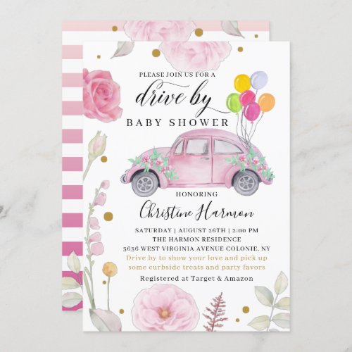 Elegant Drive By Baby Shower Parade Pink Floral Invitation